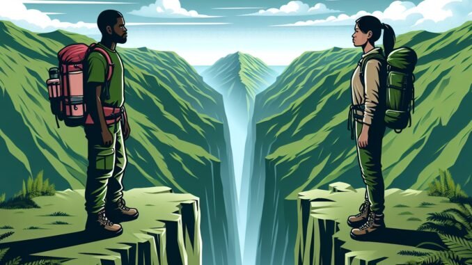 Disparities between C-suite and practitioners Gap between two people illustrating the disparities in views on generative AI, according to new industry research by Publicis Sapient.