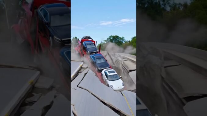 A car carrier got trapped on a collapsing bridge #crash #ai #news #wow #fail #car #truck