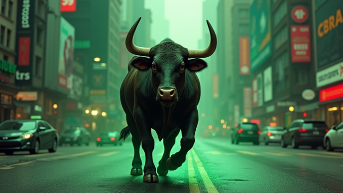 CAKE eyes 60% rally as PancakeSwap hits $772B trading all-time A Strong Bull Roaming in the City in a Green Atmosphere