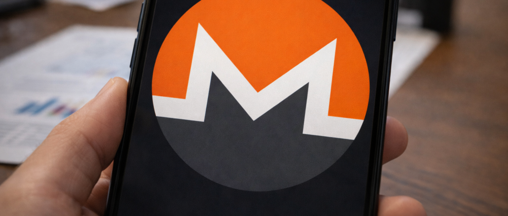 A smartphone held in hand displays the Monero cryptocurrency logo on its screen, with financial documents blurred in the background.