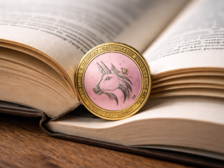 A cryptocurrency token featuring a unicorn emblem resting on the pages of an open book.