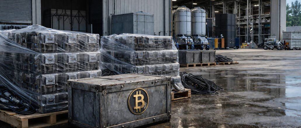 Bitcoin mining equipment stacked outside an industrial facility as operators pivot to AI, selling BTC and taking on debt to maintain liquidity