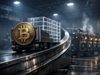 Bitcoin mining carts carrying stacked blocks on an industrial conveyor line, symbolizing power-law growth under pressure from shifting ETF inflows
