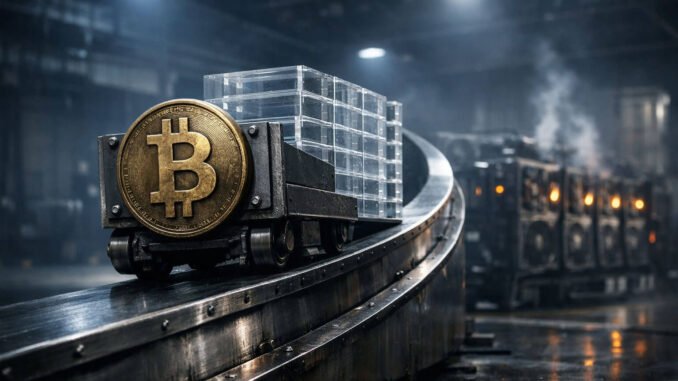 Bitcoin mining carts carrying stacked blocks on an industrial conveyor line, symbolizing power-law growth under pressure from shifting ETF inflows