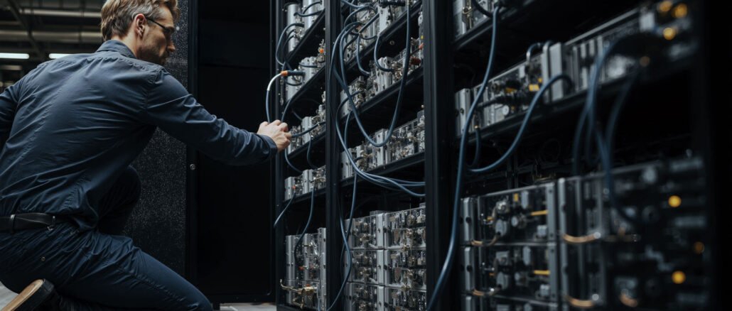 Engineer adjusting Bitcoin mining servers in a data center amid network power struggle over anti-spam proposal and disputed node support