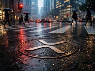 XRP logo on a rain-soaked city street as investors pull back, signaling first monthly outflow after a $1.2B ETF inflow streak