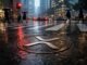 XRP logo on a rain-soaked city street as investors pull back, signaling first monthly outflow after a $1.2B ETF inflow streak
