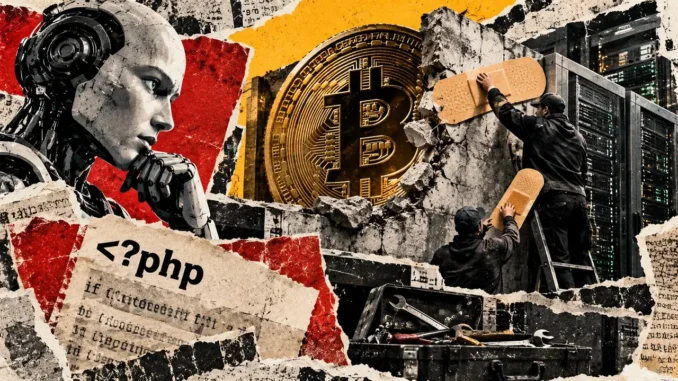 Editorial collage of workers patching a damaged wall beside server racks, with a robot, Bitcoin symbol, and PHP code.