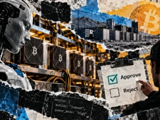 Editorial collage of an AI robot, Bitcoin mining rigs, and a human operator reviewing approval and rejection controls for equipment commands.