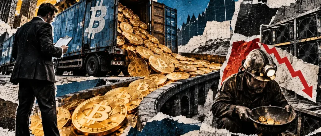 Editorial collage depicting a Bitcoin freight truck unloading valuable cargo as a mining worker receives comparatively few coins.