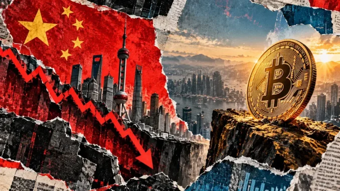 Editorial collage showing China's tech stocks plunging along a fractured cliff, separated from Bitcoin standing above a distant city skyline.