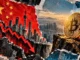 Editorial collage showing China's tech stocks plunging along a fractured cliff, separated from Bitcoin standing above a distant city skyline.